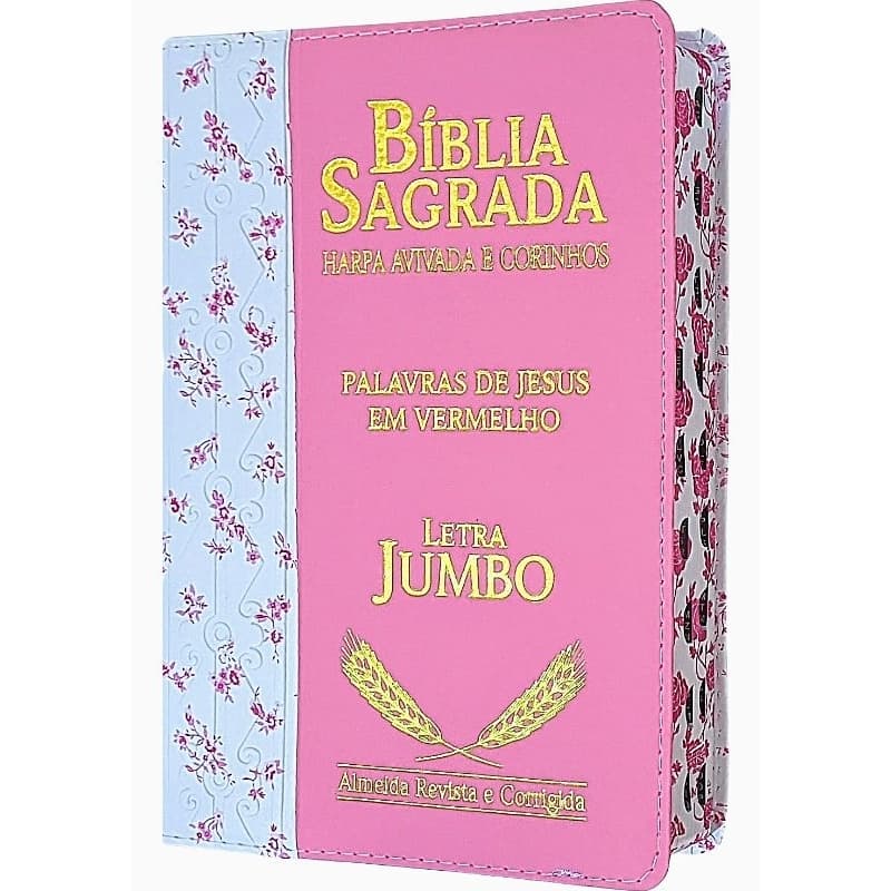 Bíblia Sagrada com Harpa Letra Jumbo com Harpa Cristã Luxo Borda Decorada Rosa com Índice
