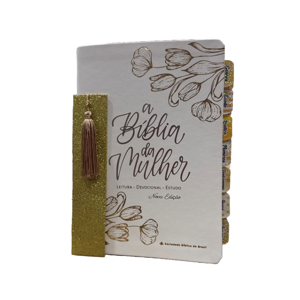 Bíblia da Mulher Branco com Dourado NAA Formato Grande com Abas 23x16Cm - Império das Bíblias