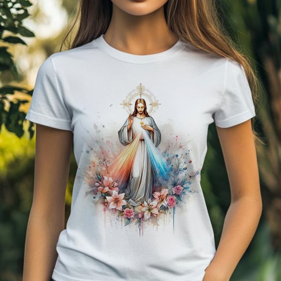 Blusa tshirt feminina CRISTÃ, JESUS MISERICÓRDIOSO FLORES,CAMISETA UNISSEX, camiseta tshirt cristã, gospel plus size