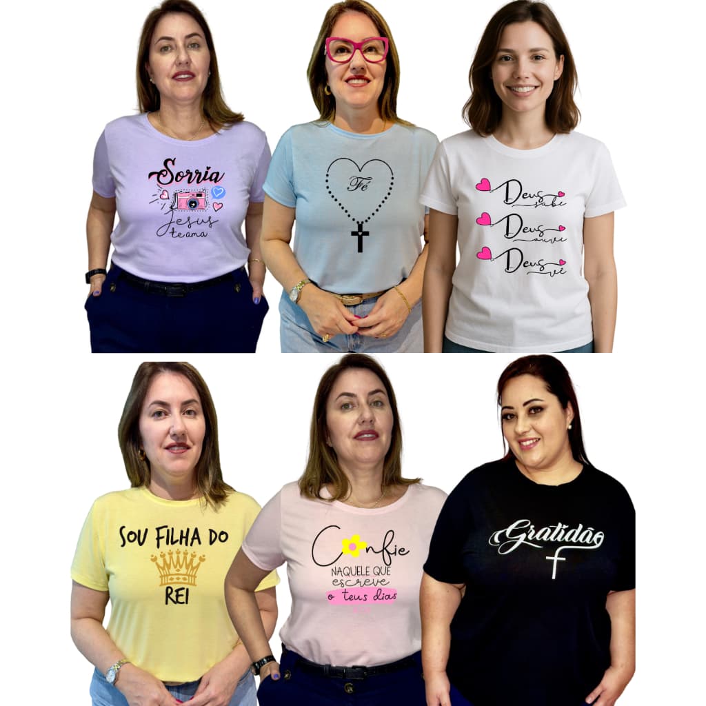 Kit de 04 Camisetas Variadas. Camisetas cristãs, camisetas com temas religiosos, blusas femininas com estampas religiosa