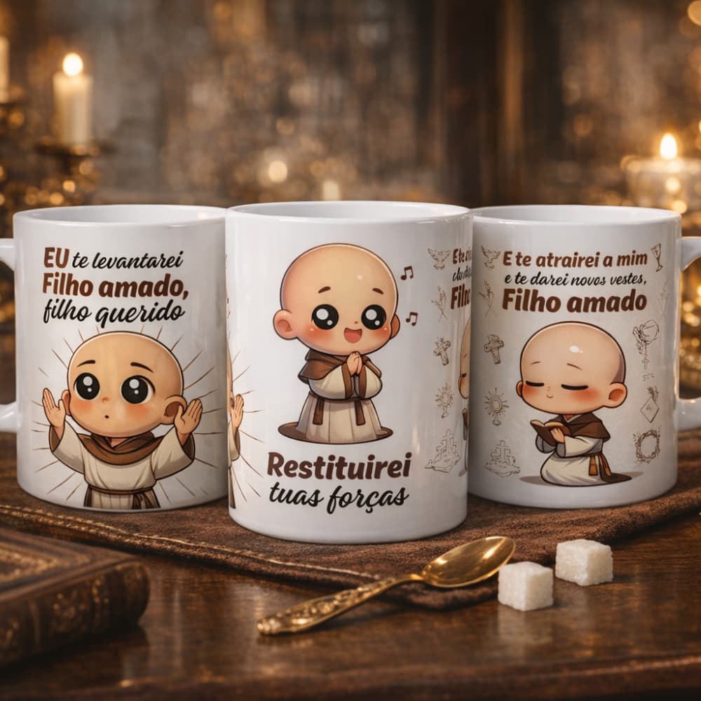 Caneca Católica Personalizada Frei Gilson | Eu Te Levantarei | Presente Religioso Cristão | Caneca Presentes 325ml