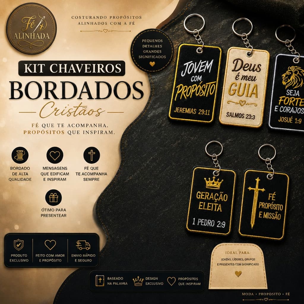 Kit 50 Chaveiros cristãos bordados , Chaveiro evangélico, Chaveiro bordado, presente cristão, lembrancinha igreja