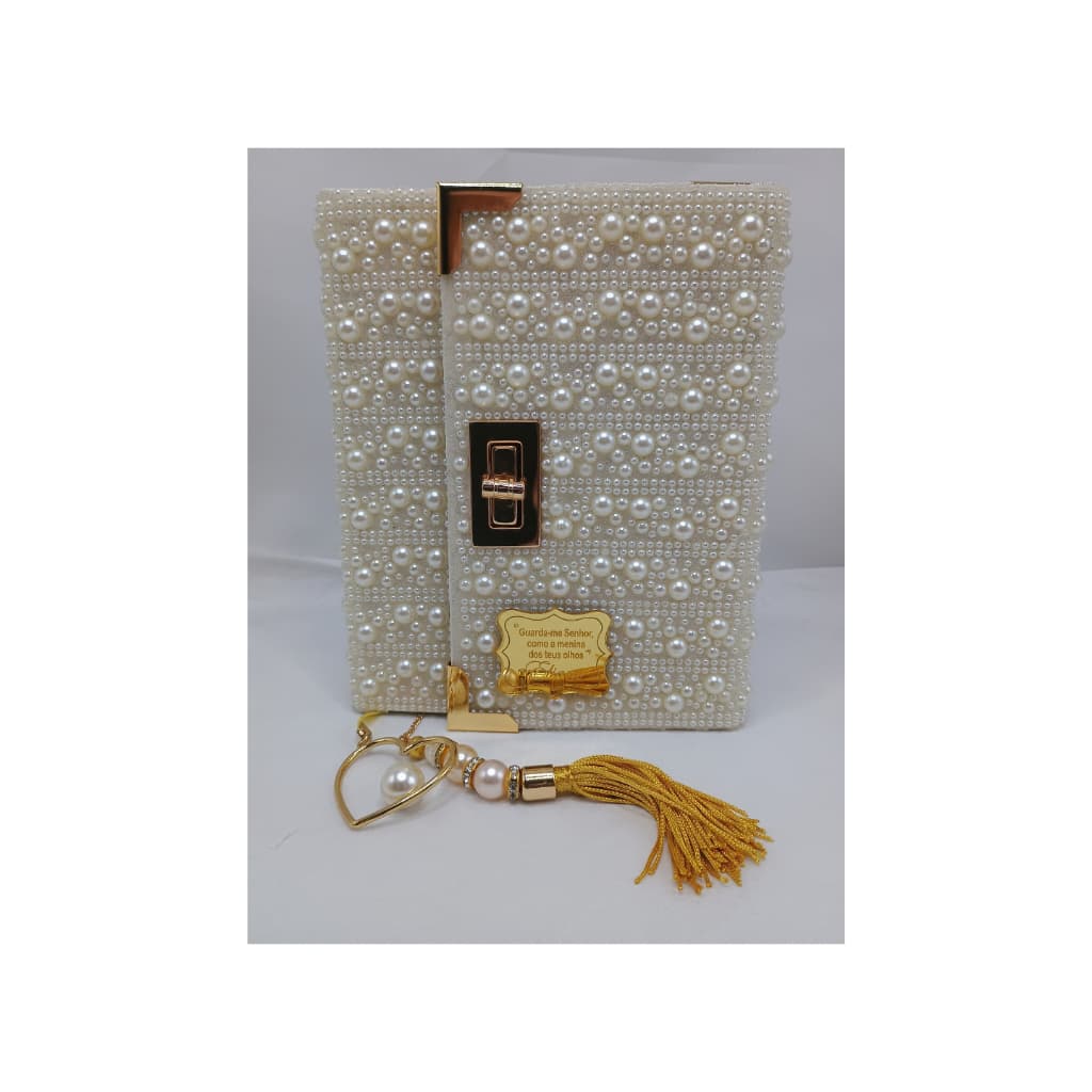 Bíblia Carteira Personalizada Pérolas Branca Luxo/ Bíblia Carteira Personalizada Pérolas com stras