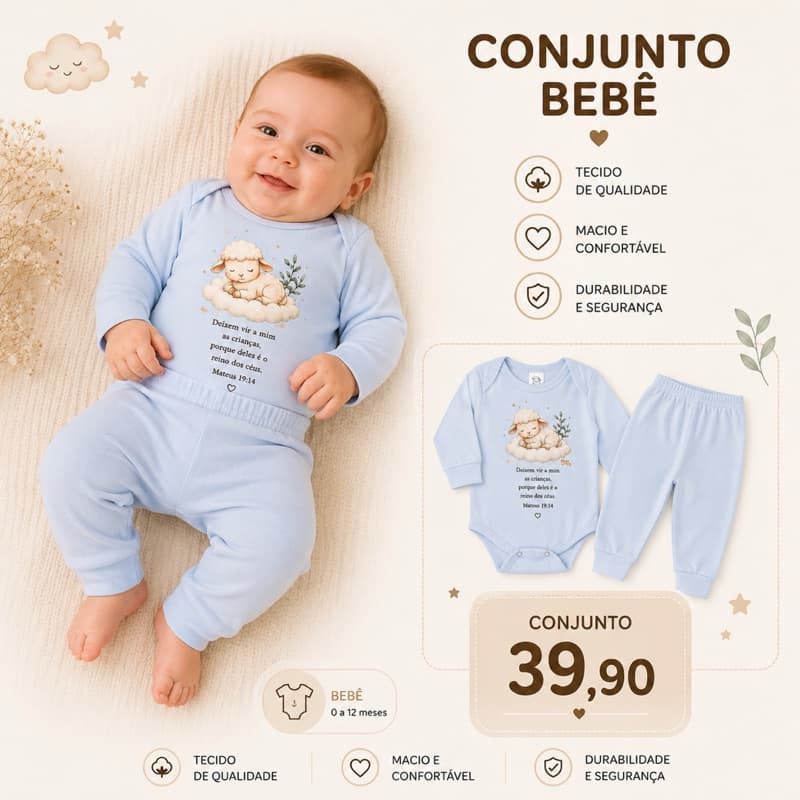 Conjunto Bebê Cristão Frases Bíblicas Salmos Body E Calça RN Ao 2 Branco Cristão Presente Maternidade Enxoval
