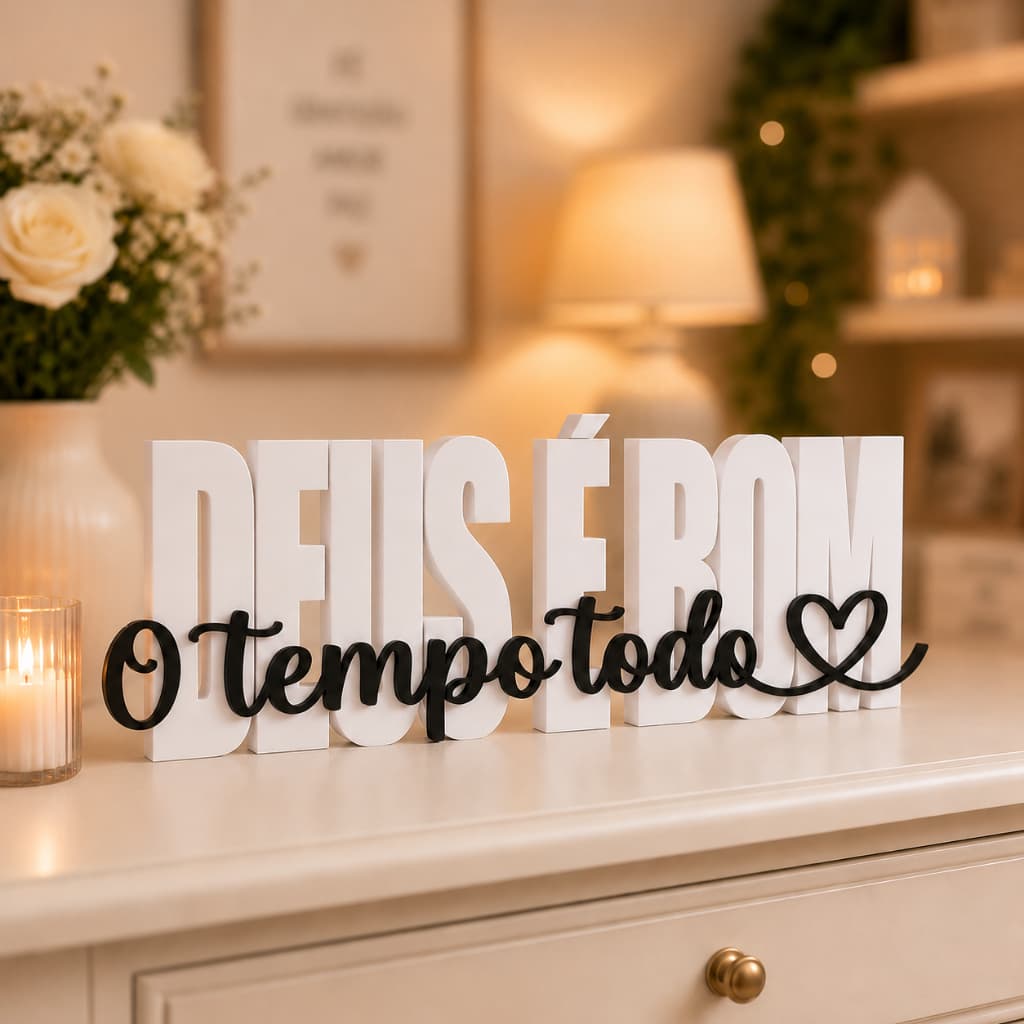 Letreiro Bíblico Deus é Bom o Tempo Todo Palavra Enfeite Placa de Casa Sala Mesa Quarto Presente