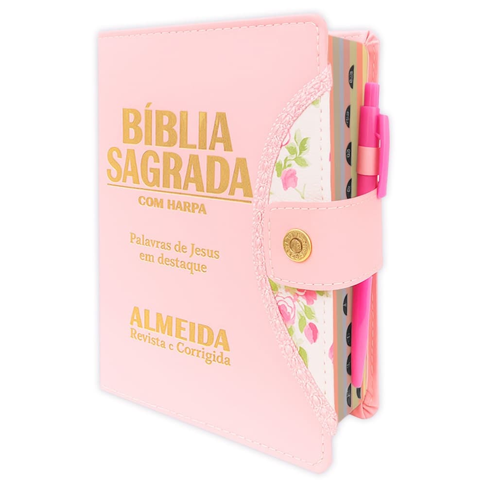 Bíblia Sagrada Letra Grande - Rosa - Botão e Caneta Revista e Corrigida - Com Harpa-