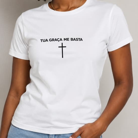Camiseta Feminina Gospel Tua Graça Me Basta Cruz Cristã Minimalista Casual Evangélica Gospel
