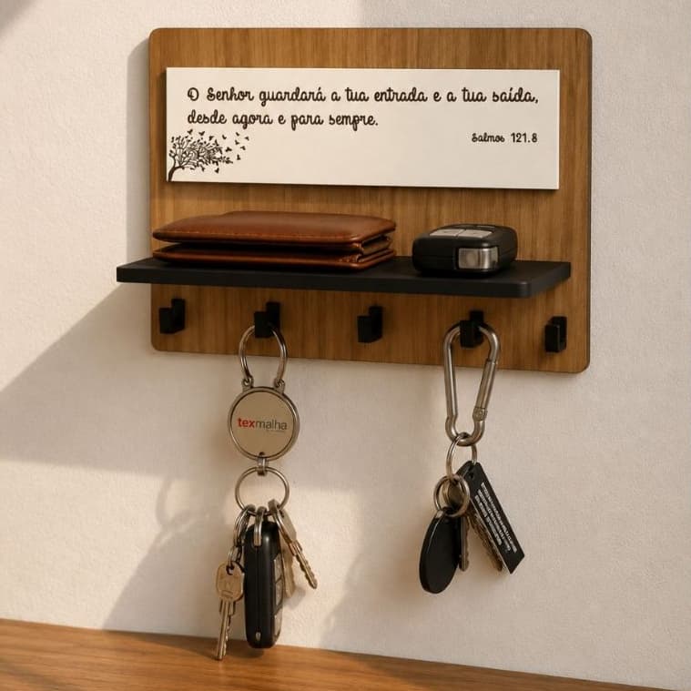 Porta Chaves Decorativo Com Prateleiras Para Oculos Carteira Cartas Contas  Mensagem Bíblica