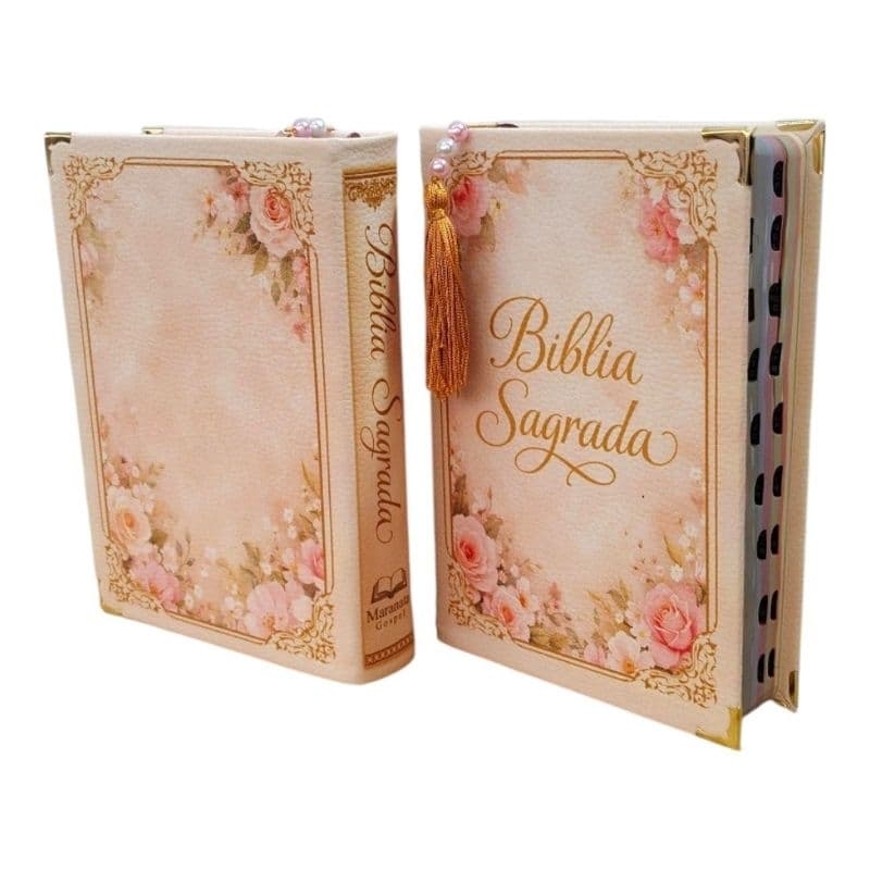 Bíblia Sagrada LETRA  GRANDE  Bege Dourado Flores Harpa Couro sintético Palavras Jesus em Vermelho Palavras Deus em azul
