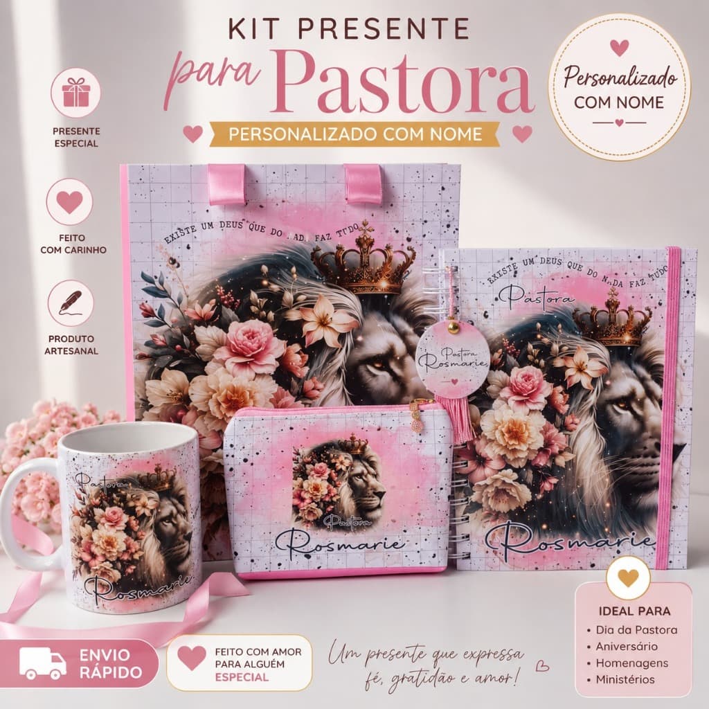 Kit Presente para Pastora Personalizado com Nome | Caneca + Caderno + Nécessaire + Presente Feminino Evangélico Cristão