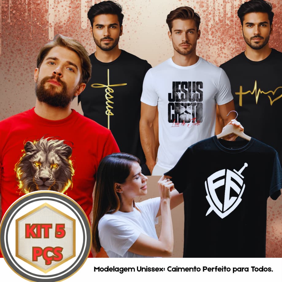 Camiseta Cristã Masculina Camiseta Gospel Camiseta Cristã KIT COM 5 - Estampas Variadas-Sortidas RV