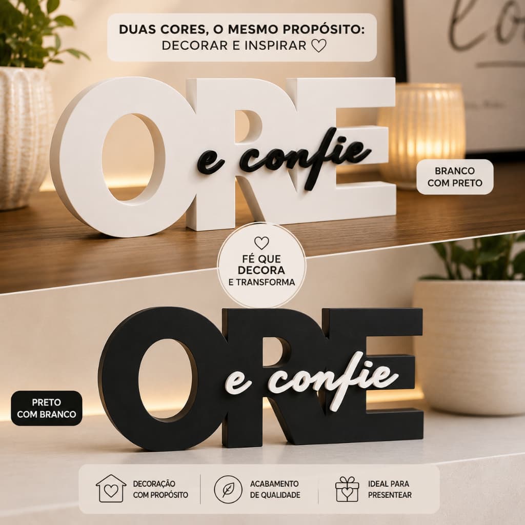 Letreiro Decorativo ORE e Confie Cristão Impressão 3D Decoração Evangélica Sala Quarto Presente Cristão
