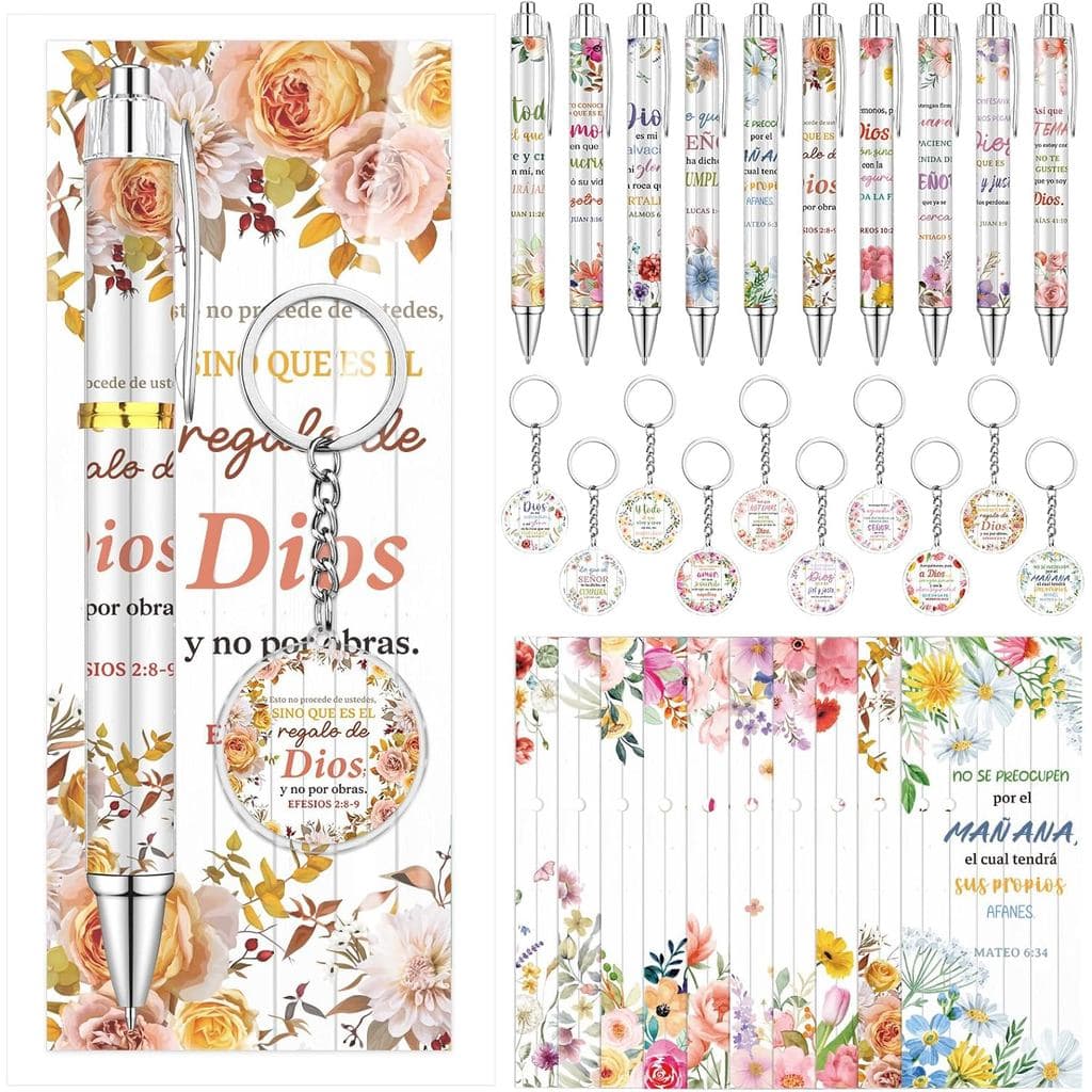 150 Peças de Presentes Cristãos em Espanhol, Caneta Cristã Espanhola, Chaveiro Religioso Floral, Marcador de Página com