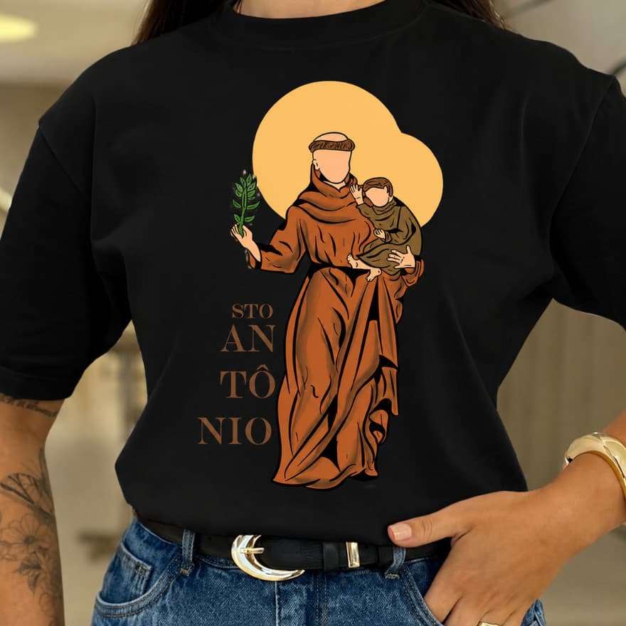 Camiseta Católica Cristã  Moda Feminina São Antônio T-shirt Camiseta Cristã Estampada Minimalista 100%Algodão  Unissex