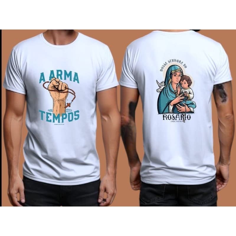 Linda T-shirt Camiseta Camiseta e T-shirt estampa frente e costa Terço Jesus Cristão camiseta e Baby Look Premium Envio