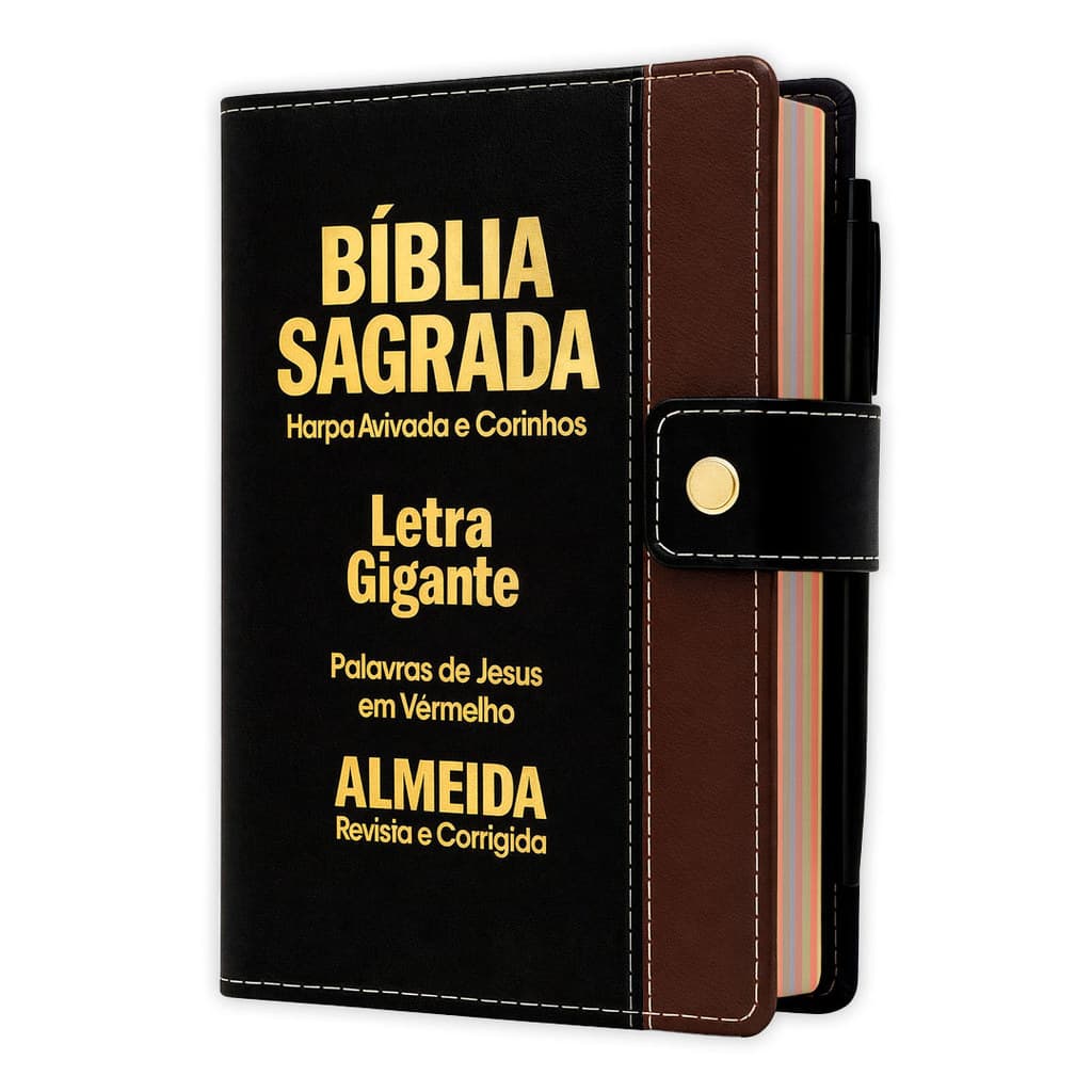 Bíblia Sagrada - Gigante Botão Preto c/ Marrom | ARC - João Ferreira de Almeida - Harpa e Índice por Cores
