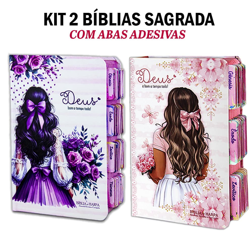 Kit 2 - Bíblia com Abas Feminina - Menina Lilás e Flores Aquarelas | ARC - João Ferreira de Almeida - Com Harpa
