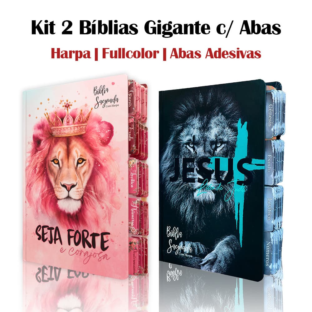 Kit 2 Unidades Bíblia Sagrada | ARC - Índice com Abas Adesivas com Harpa - Harpa - Seja Forte e Leão de Judá